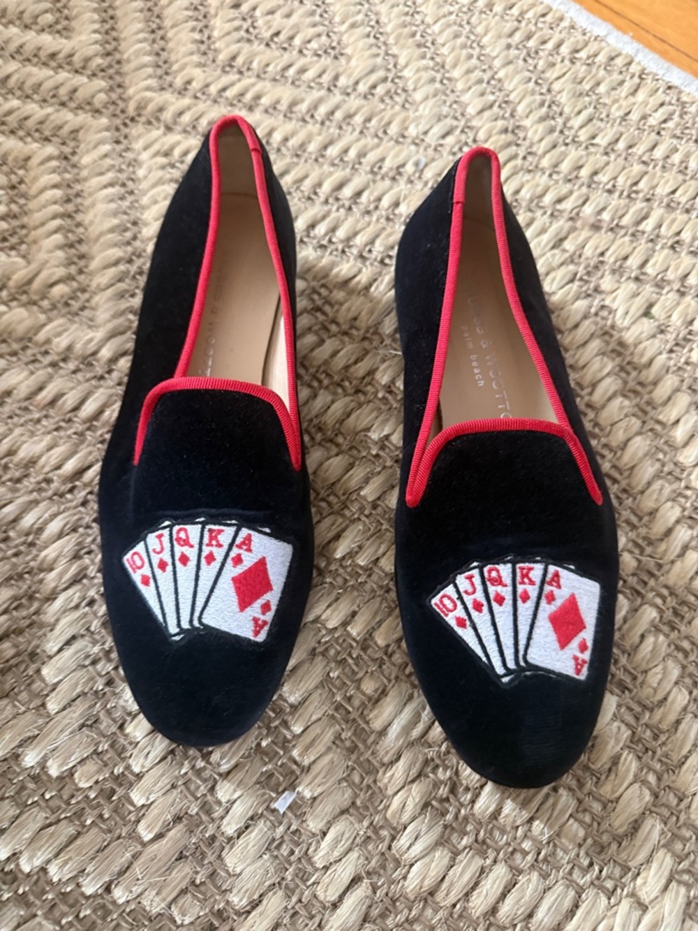 Stubbs & Wootton Black Velvet Loafers with Red Trim and Card Embroidery